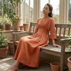 Peach Cotton Flax Cinched Waist Flared Maxi Dress