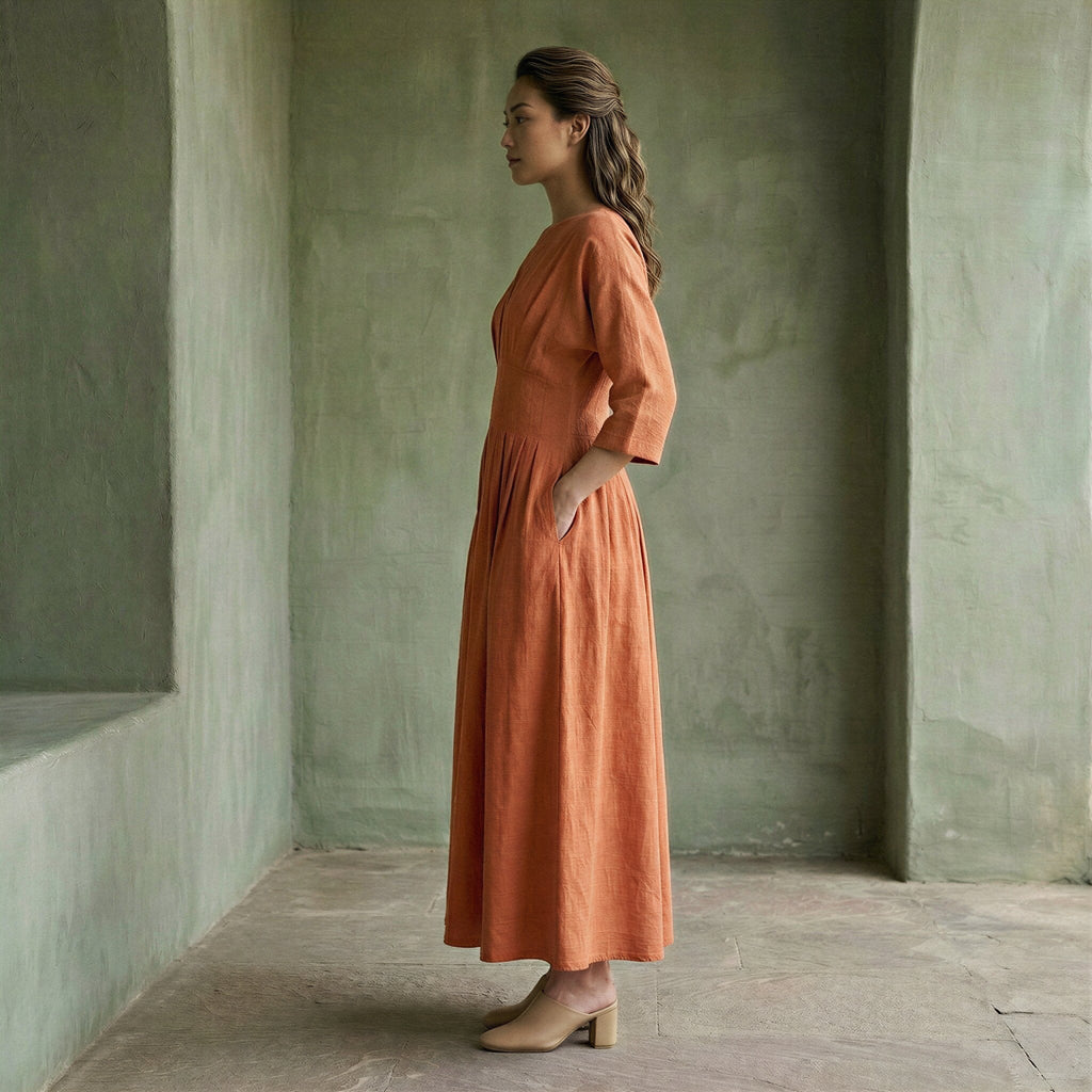 Peach Cotton Flax Cinched Waist Flared Maxi Dress