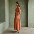 Peach Cotton Flax Cinched Waist Flared Maxi Dress