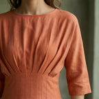 Peach Cotton Flax Cinched Waist Flared Maxi Dress