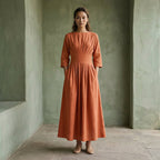 Peach Cotton Flax Cinched Waist Flared Maxi Dress