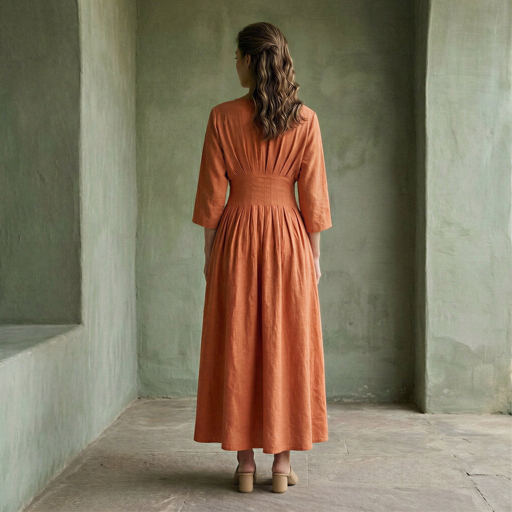 Peach Cotton Flax Cinched Waist Flared Maxi Dress