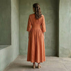 Peach Cotton Flax Cinched Waist Flared Maxi Dress