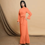 Peach Cotton Flax Mandarin Collar Floor Length Tier Dress