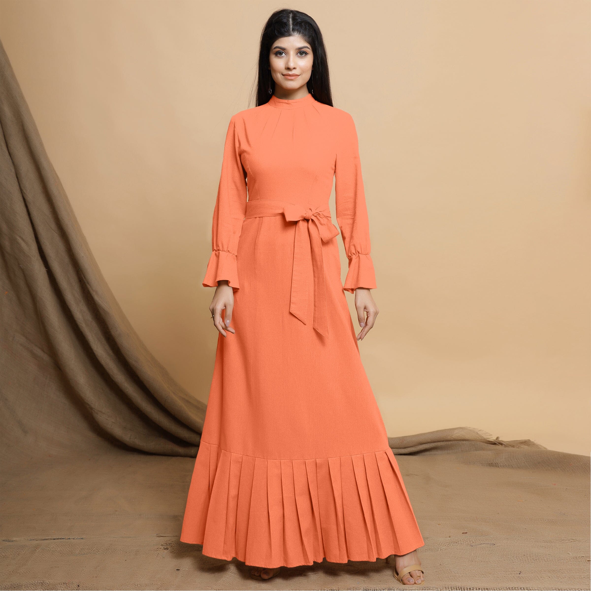 Peach Cotton Flax Mandarin Collar Floor Length Tier Dress