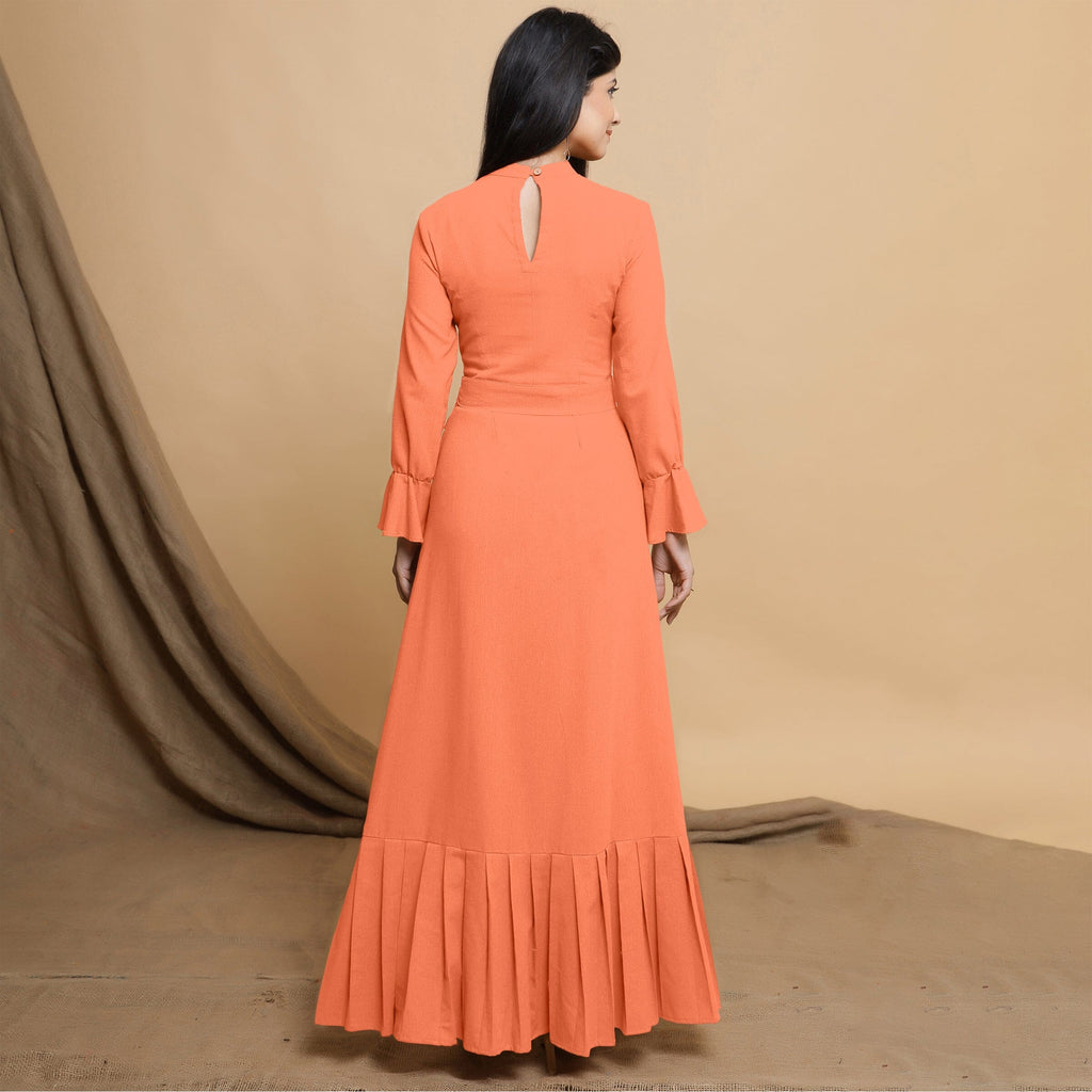 Peach Cotton Flax Mandarin Collar Floor Length Tier Dress