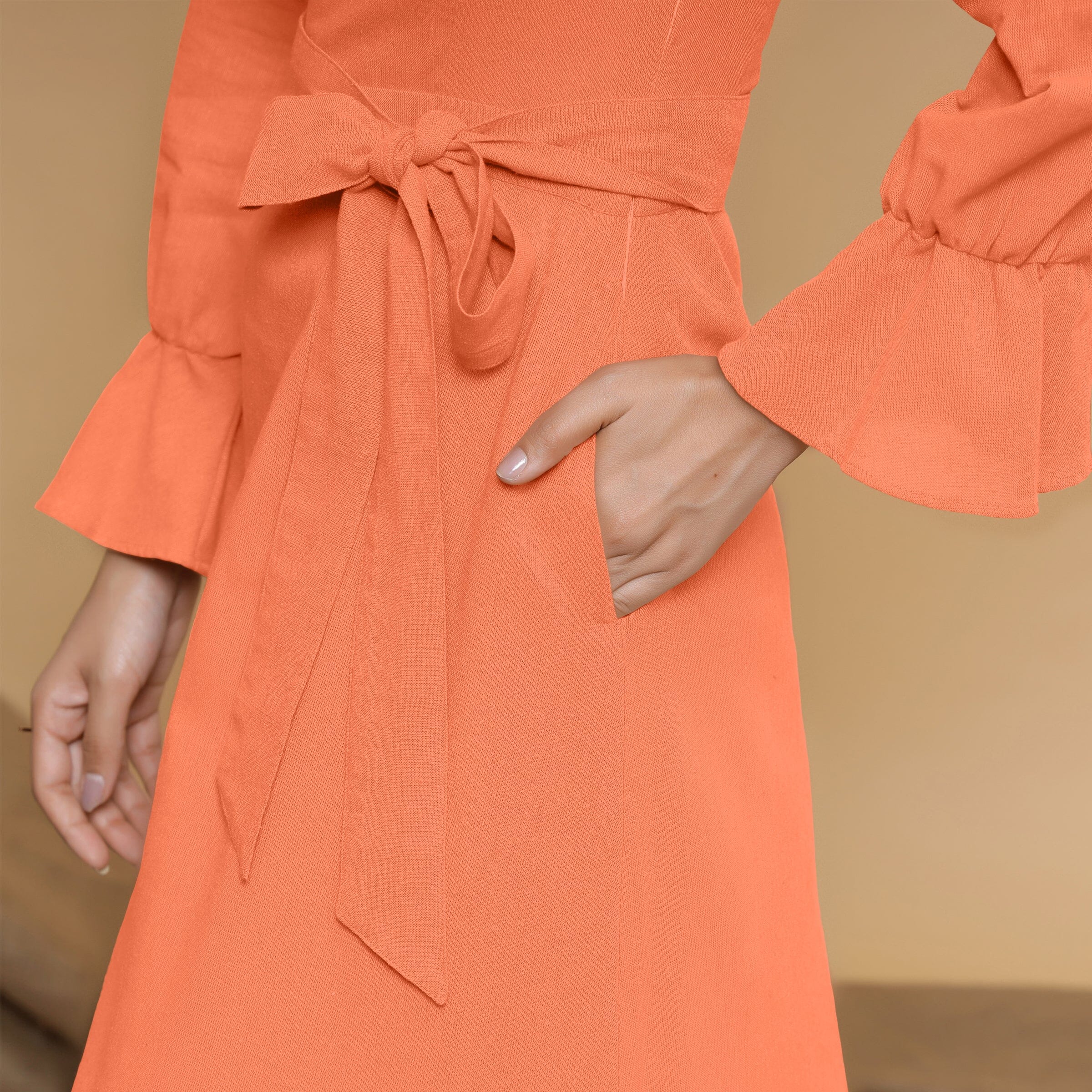 Peach Cotton Flax Mandarin Collar Floor Length Tier Dress