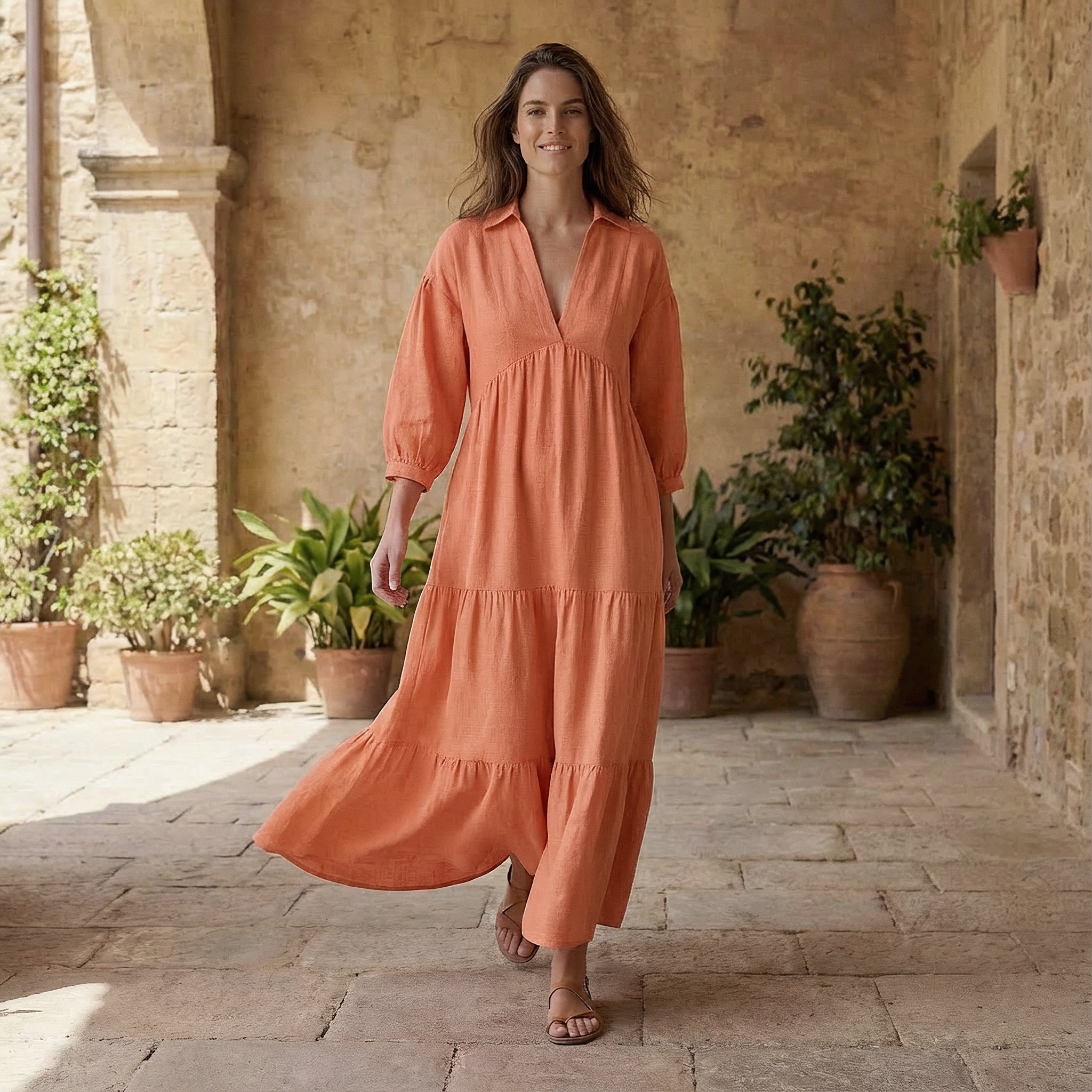Peach Cotton Flax Deep-V Maxi Tier Dress