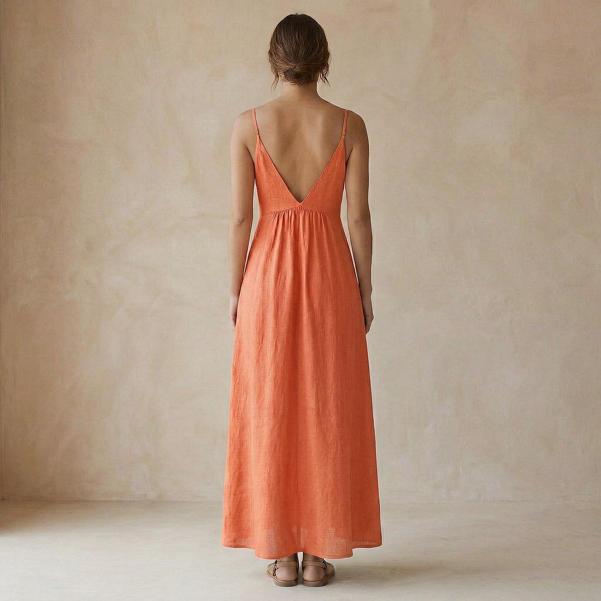 Peach Cotton Flax Deep V-Neck Cami Maxi Dress