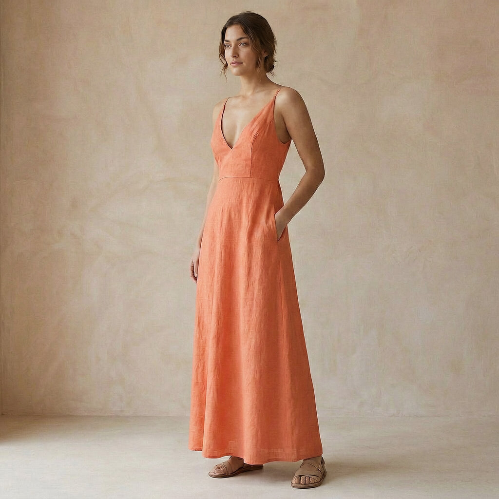 Peach Cotton Flax Deep V-Neck Cami Maxi Dress