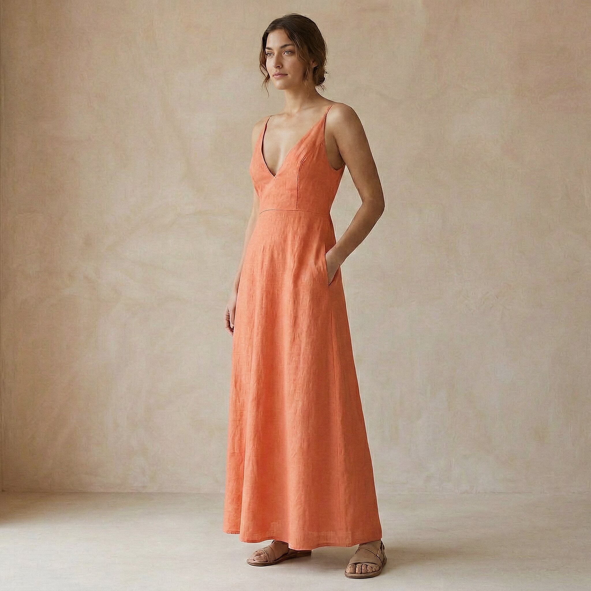 Peach Cotton Flax Deep V-Neck Cami Maxi Dress