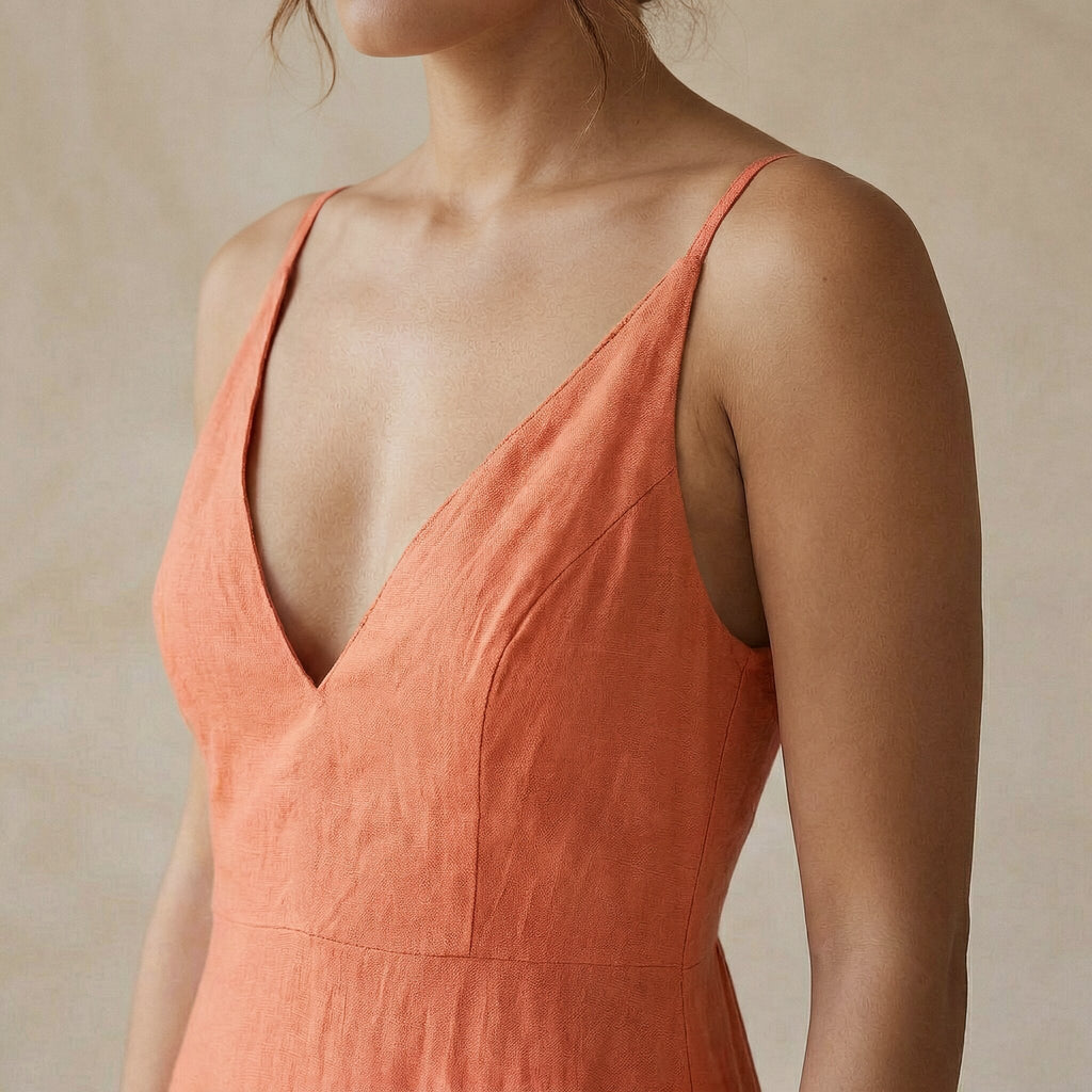 Peach Cotton Flax Deep V-Neck Cami Maxi Dress