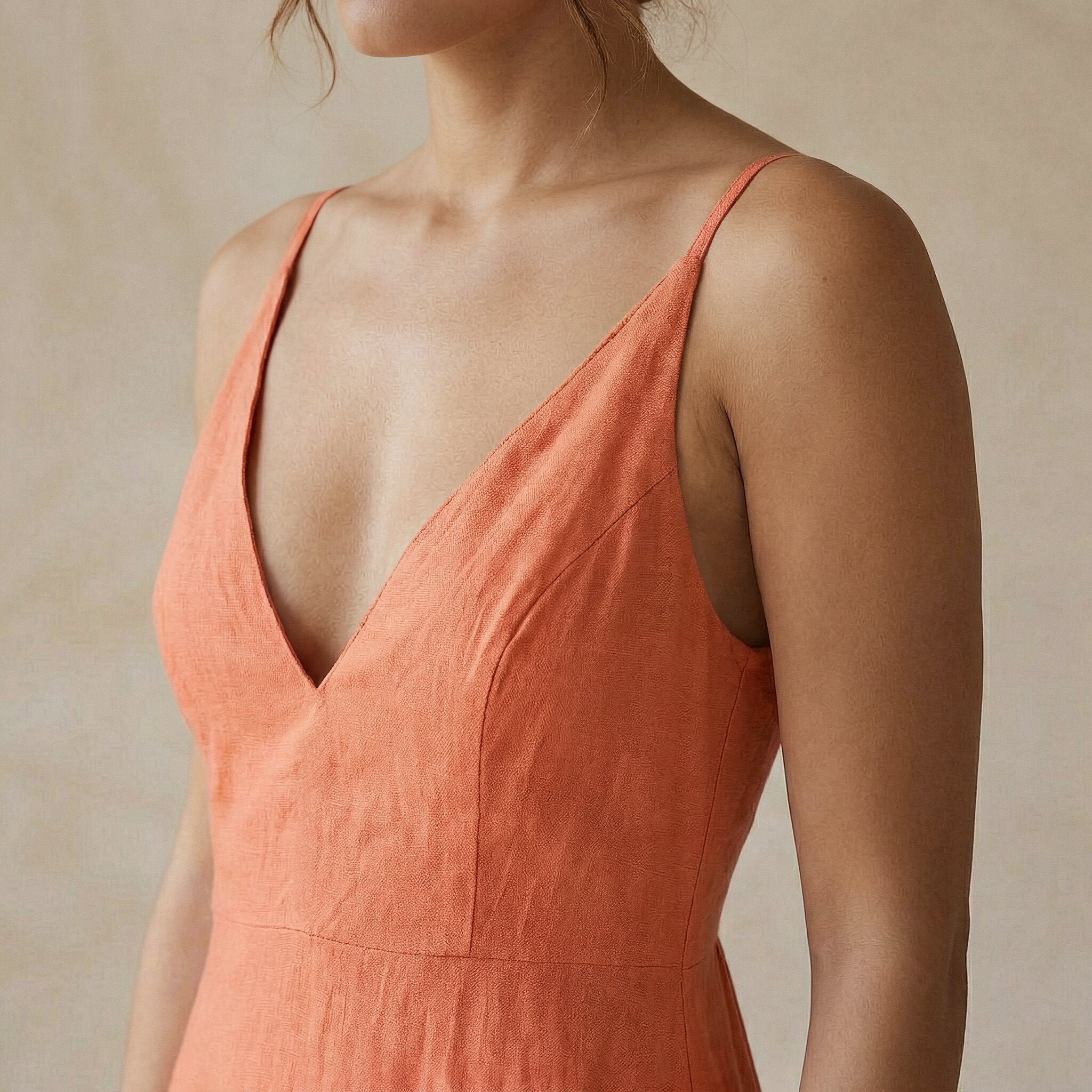 Peach Cotton Flax Deep V-Neck Cami Maxi Dress