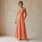 Peach Cotton Flax Deep V-Neck Cami Maxi Dress