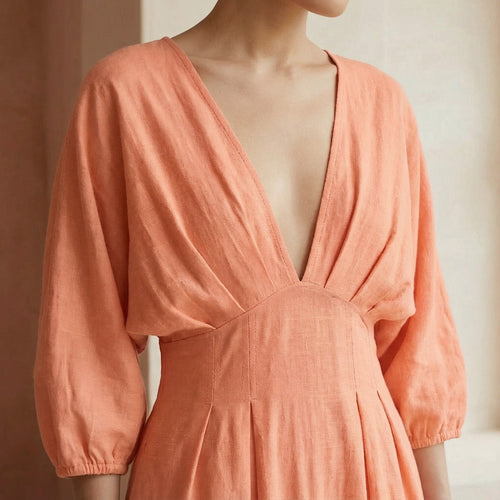 Peach Cotton Flax Deep-V Neck Empire Waist Maxi Dress