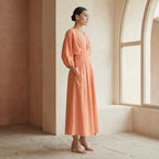 Peach Cotton Flax Deep-V Neck Empire Waist Maxi Dress