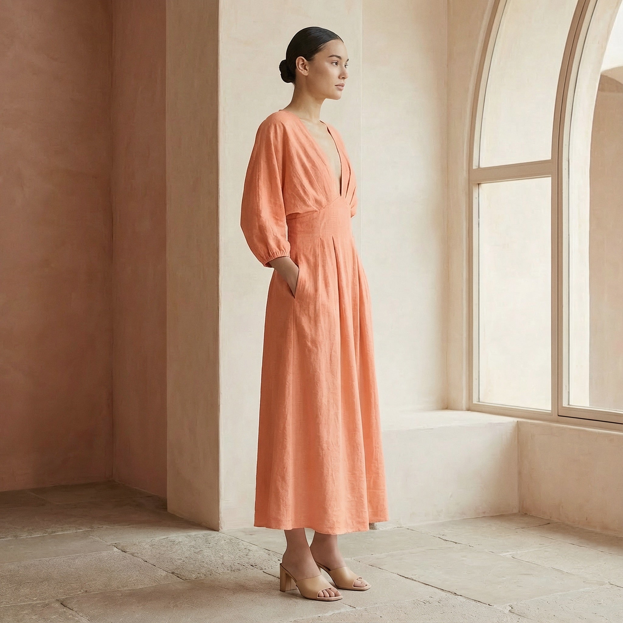 Peach Cotton Flax Deep-V Neck Empire Waist Maxi Dress