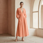 Peach Cotton Flax Deep-V Neck Empire Waist Maxi Dress