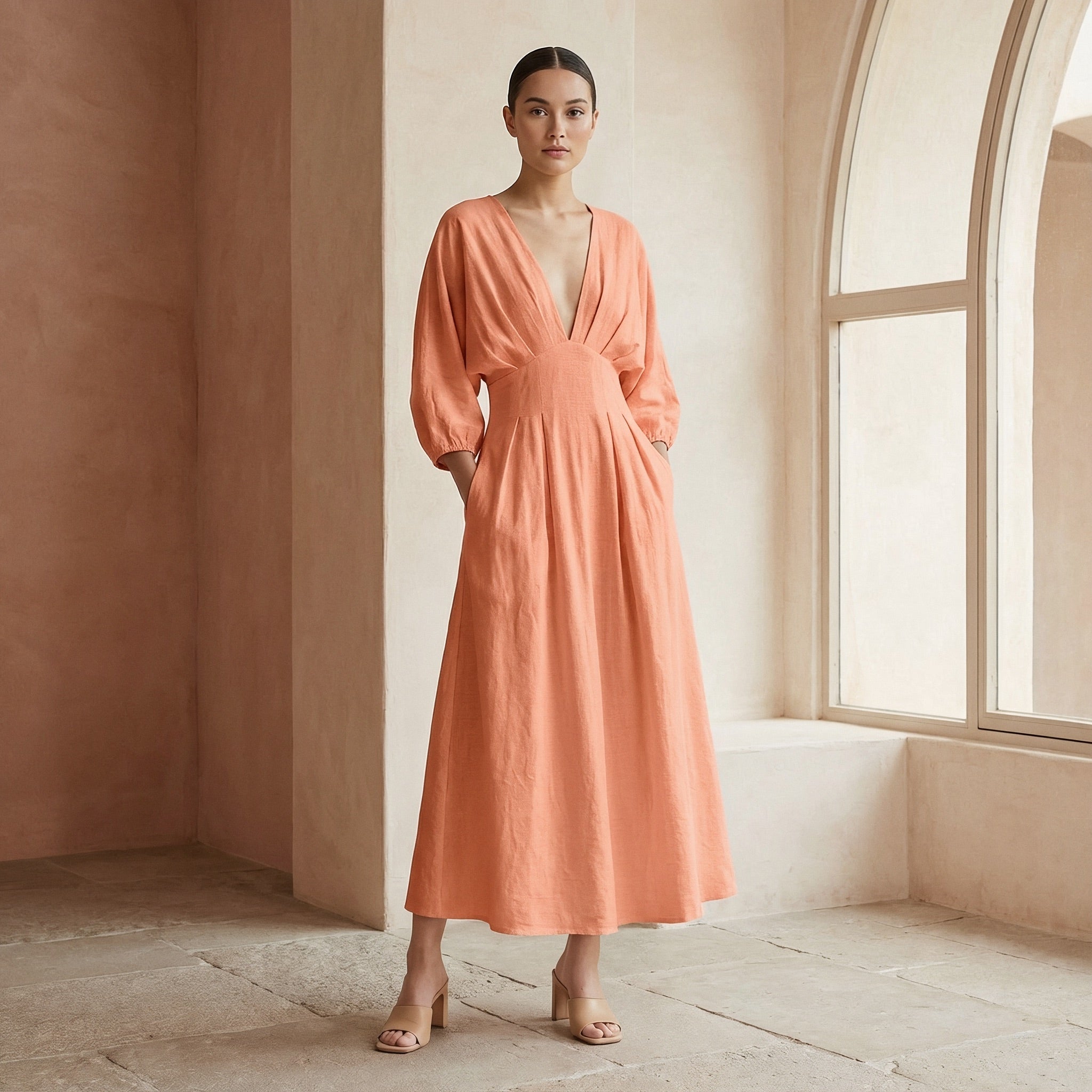 Peach Cotton Flax Deep-V Neck Empire Waist Maxi Dress
