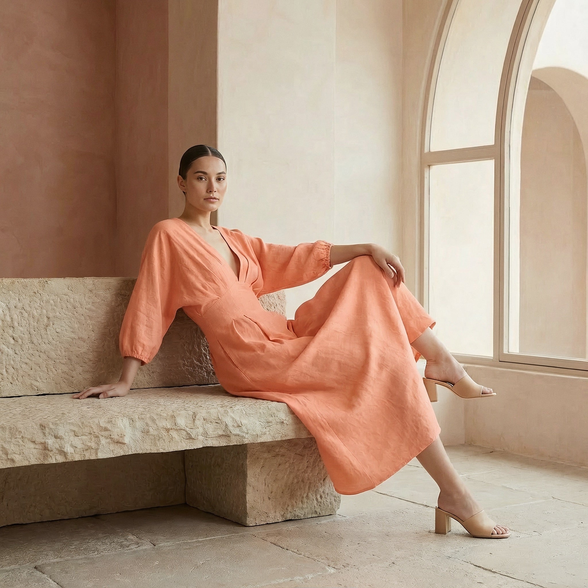 Peach Cotton Flax Deep-V Neck Empire Waist Maxi Dress