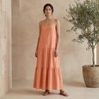 Peach Cotton Flax Drop-Waist Camisole Maxi Tier Dress
