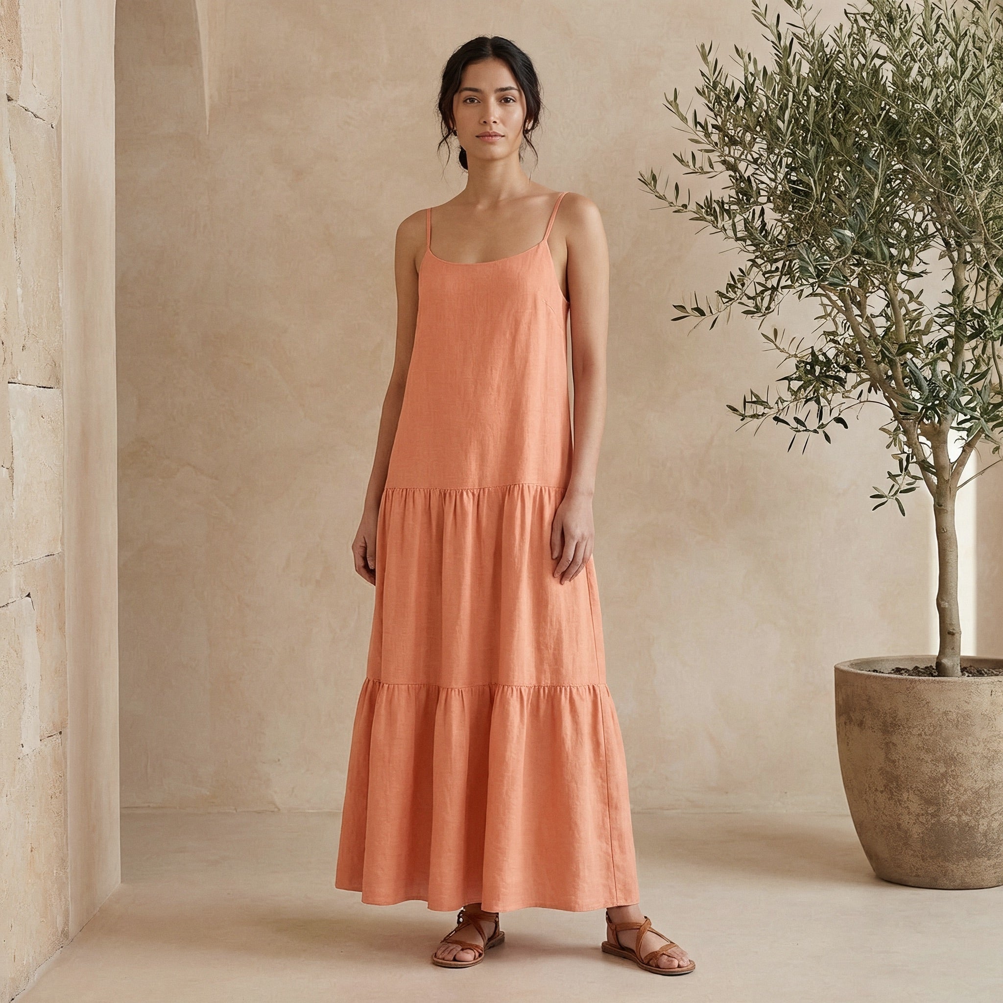 Peach Cotton Flax Drop-Waist Camisole Maxi Tier Dress