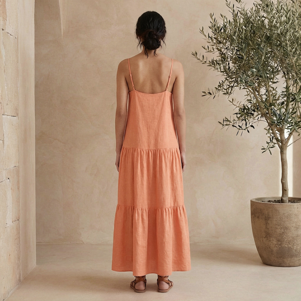 Peach Cotton Flax Drop-Waist Camisole Maxi Tier Dress