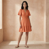 Peach Cotton Flax Elasticated Short Tier Dress