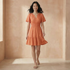 Peach Cotton Flax Elasticated Short Tier Dress