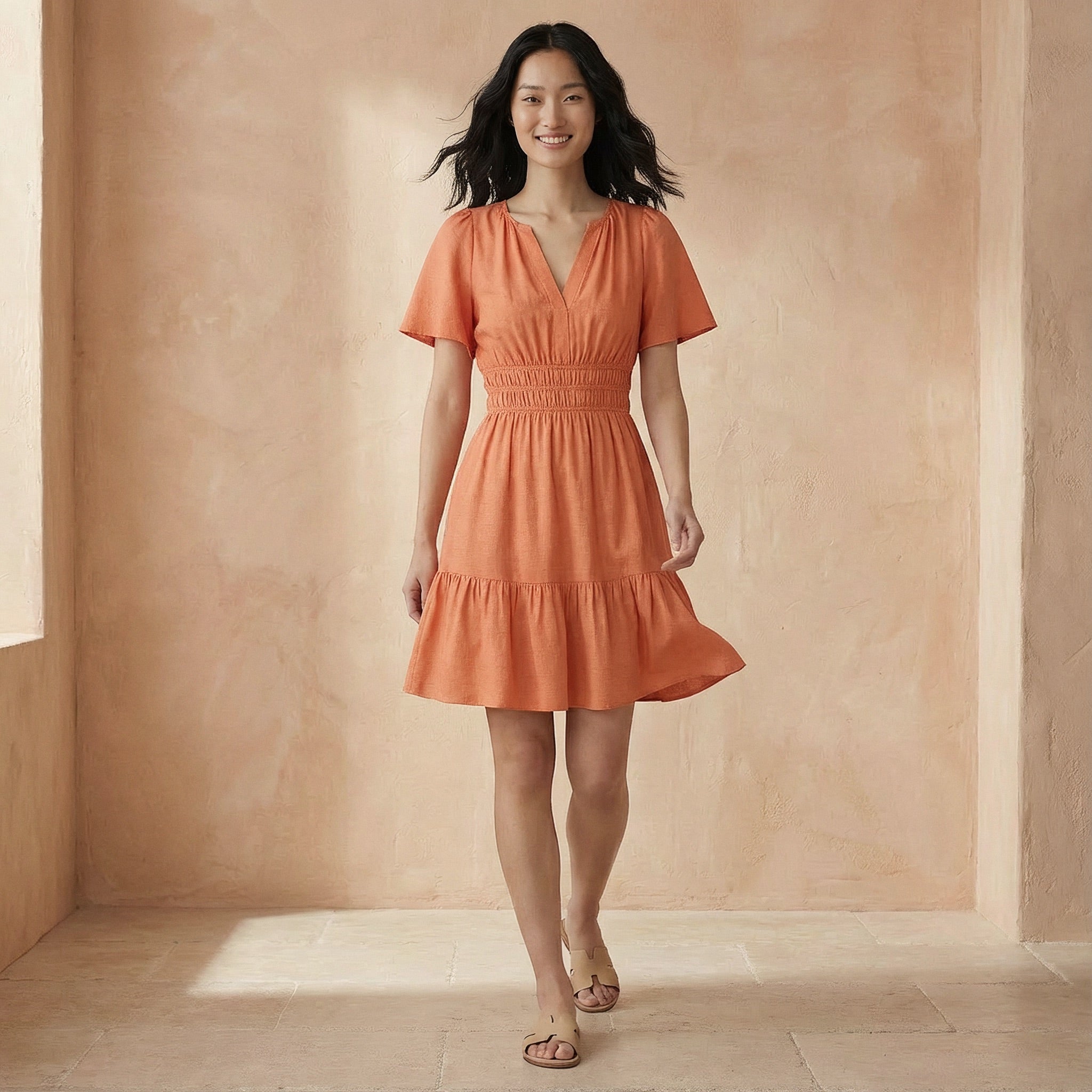 Peach Cotton Flax Elasticated Short Tier Dress