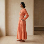Peach Cotton Flax Fit and Flare Maxi Tier Dress