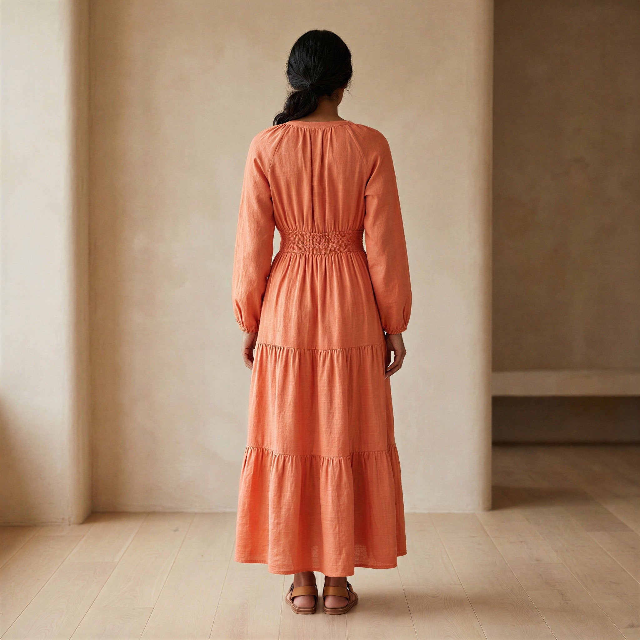 Peach Cotton Flax Fit and Flare Maxi Tier Dress