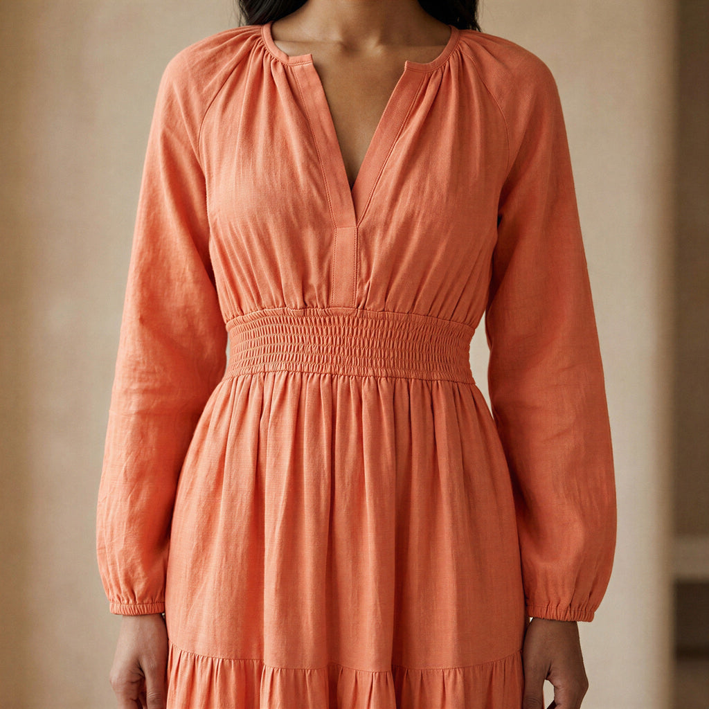 Peach Cotton Flax Fit and Flare Maxi Tier Dress