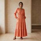 Peach Cotton Flax Fit and Flare Maxi Tier Dress