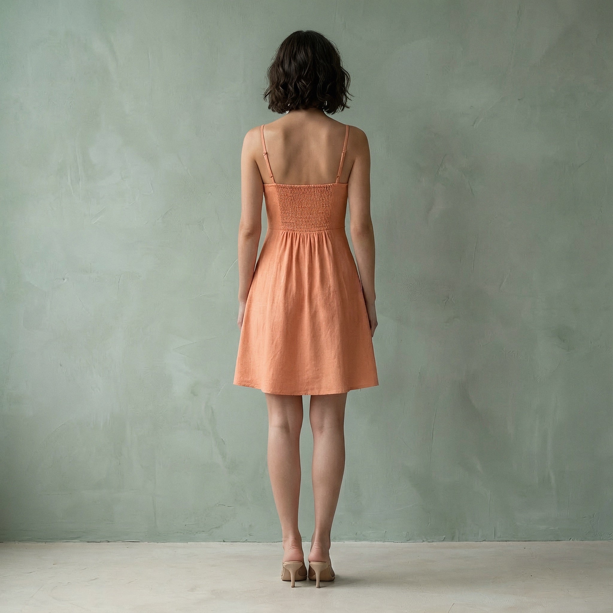 Peach Cotton Flax Fit and Flare Short Dress