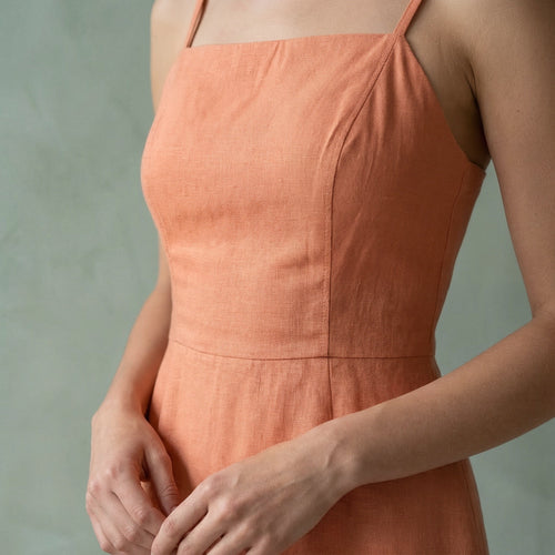 Peach Cotton Flax Fit and Flare Short Dress