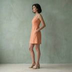 Peach Cotton Flax Fit and Flare Short Dress
