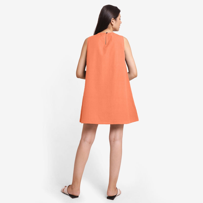 Back View of a Model wearing Peach Cotton Flax Kangaroo Pocket Dress