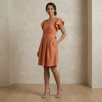 Peach Cotton Flax Open-Back Fit and Flare Knee Length Dress