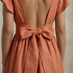 Peach Cotton Flax Open-Back Fit and Flare Knee Length Dress