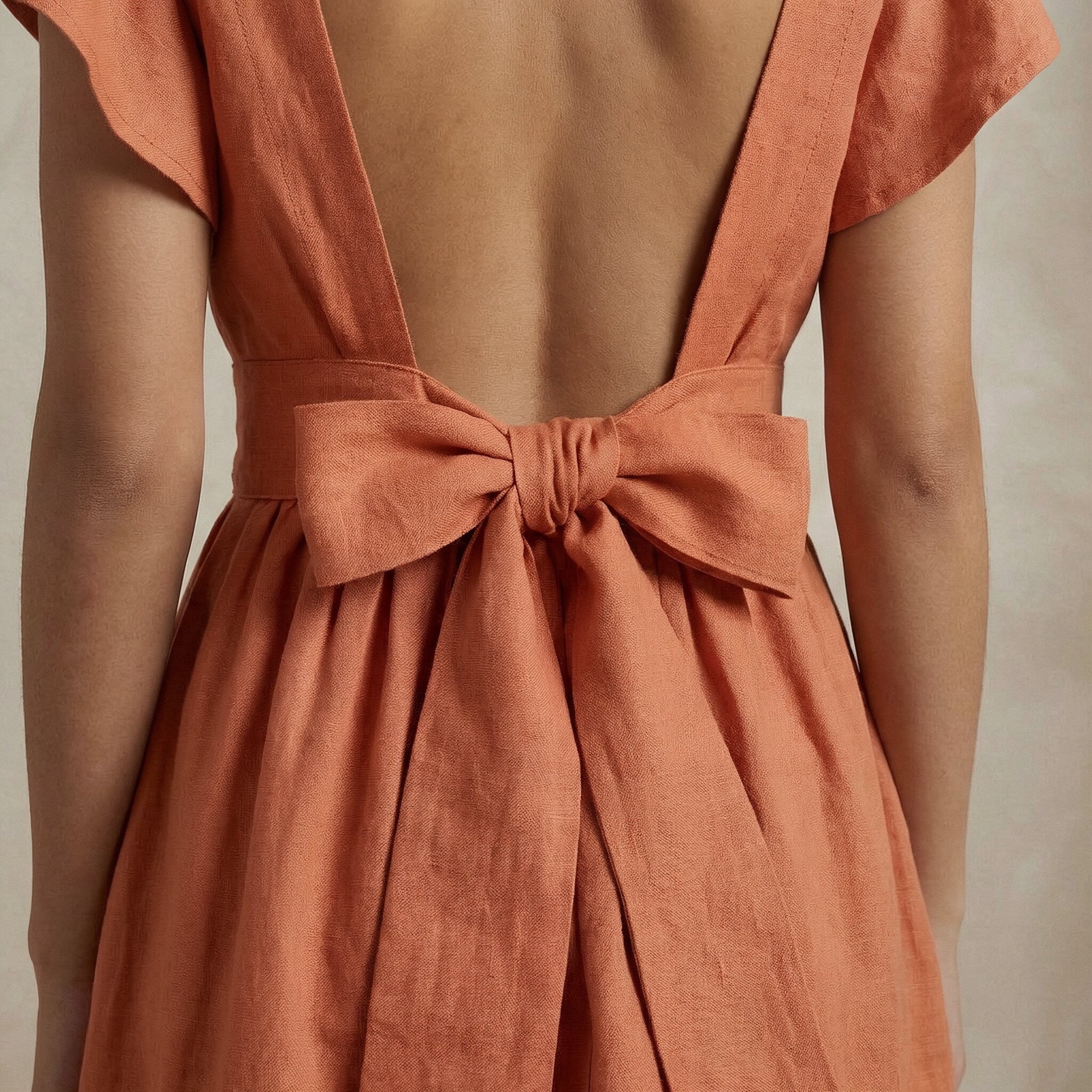 Peach Cotton Flax Open-Back Fit and Flare Knee Length Dress