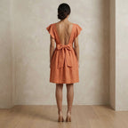 Peach Cotton Flax Open-Back Fit and Flare Knee Length Dress