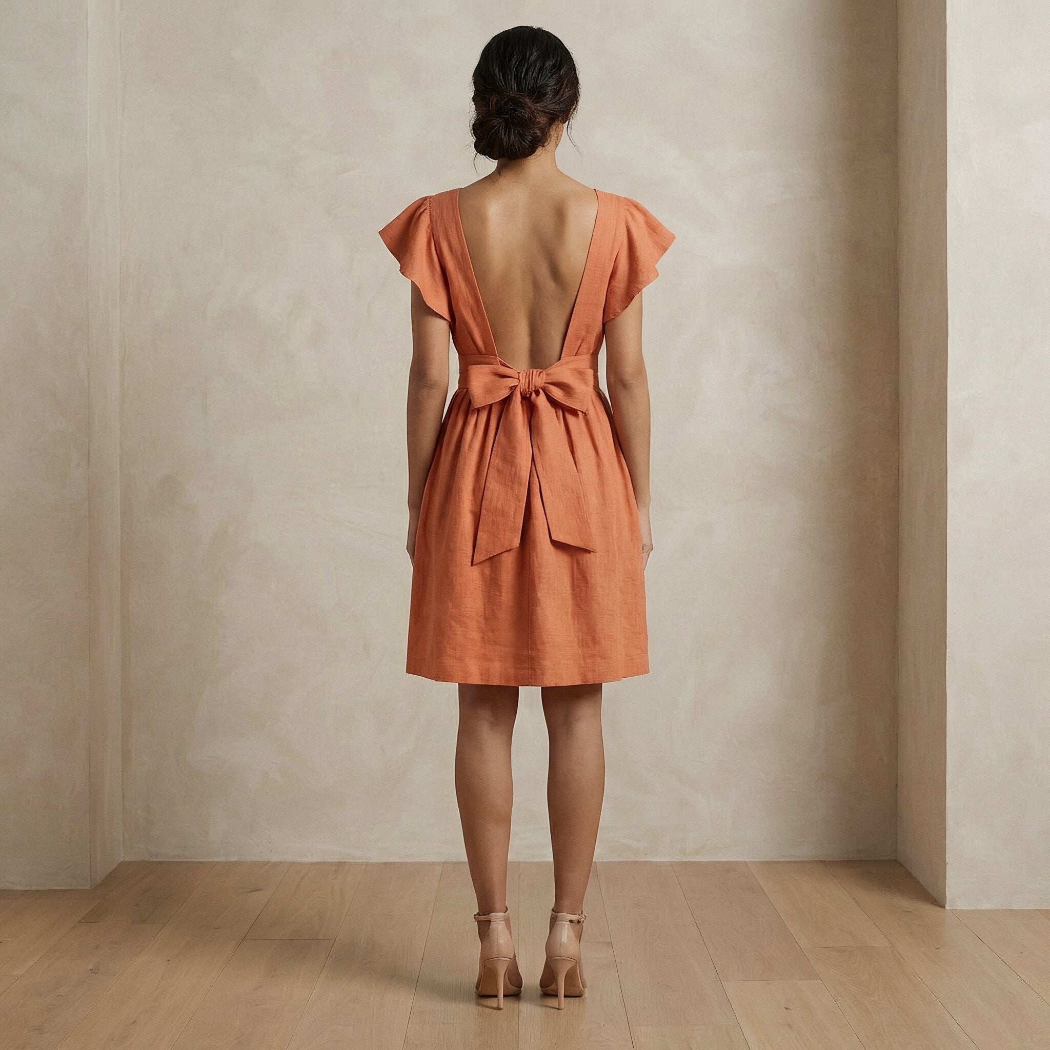 Peach Cotton Flax Open-Back Fit and Flare Knee Length Dress
