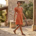 Peach Cotton Flax Open-Back Fit and Flare Knee Length Dress