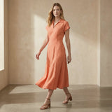 Peach Cotton Flax Paneled A-Line Midi Dress