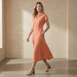 Peach Cotton Flax Paneled A-Line Midi Dress