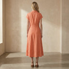 Peach Cotton Flax Paneled A-Line Midi Dress