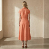 Peach Cotton Flax Paneled A-Line Midi Dress
