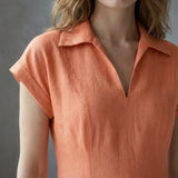 Peach Cotton Flax Paneled A-Line Midi Dress