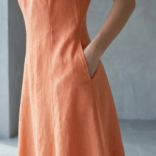 Peach Cotton Flax Paneled A-Line Midi Dress